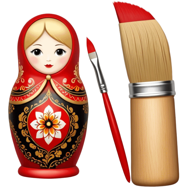 Wooden doll painting icon, traditional Russian Matryoshka doll being painted with intricate Palekh or Khokhloma designs, visible paintbrush, vibrant red, gold, and black colors, unfinished doll with detailed patterns in progress, minimalistic style, clean lines, transparent background. emoji