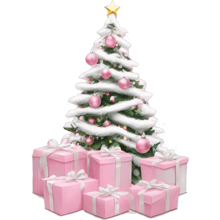 Light pink Christmas gifts under a white Christmas tree  emoji