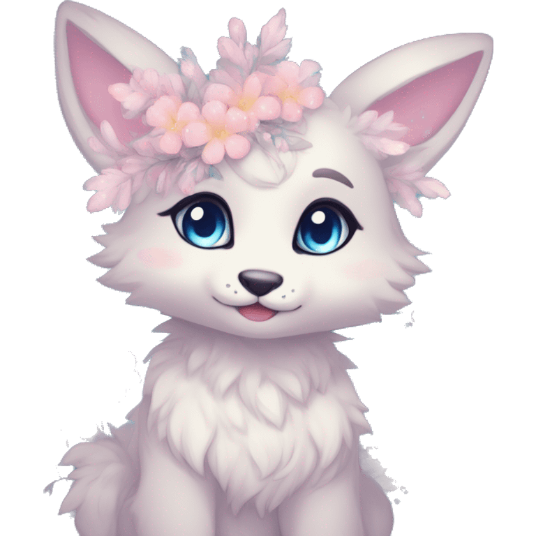 Anthro Cute Cool Blushing Pastel Innocent Shy Kawaii gorgeous sparkly ethereal fantasy anime animal creature with blue eyes furry sona with flowers and ribbons beautiful aesthetic emoji