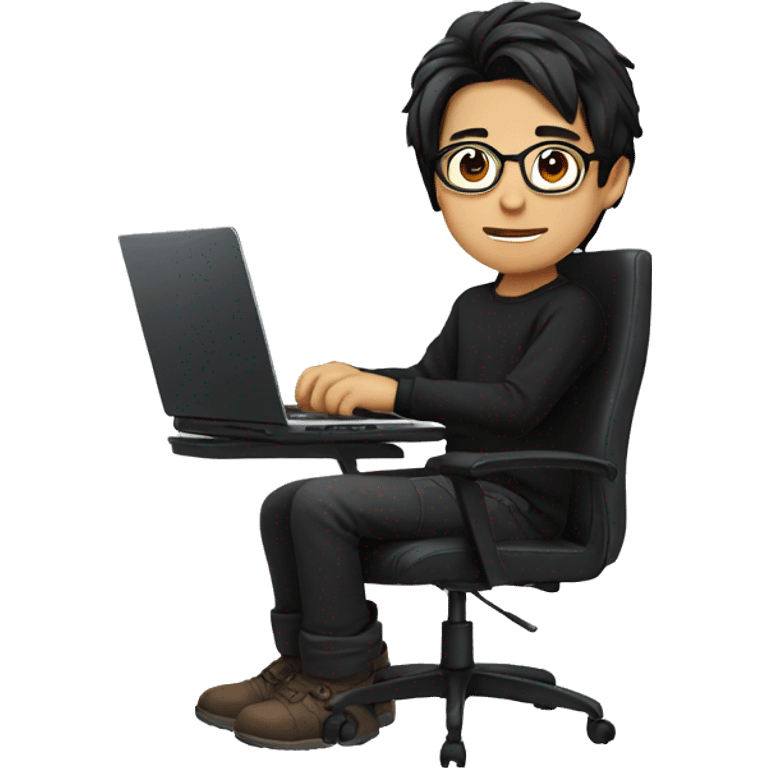 asian boy with glasses, long hair working, wearing black clothes , on his laptop seating on a gaming chair emoji