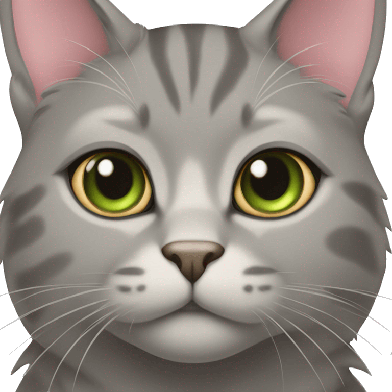 All grey and tan cat with tan spot on her forehead. Green eyes and pink nose emoji