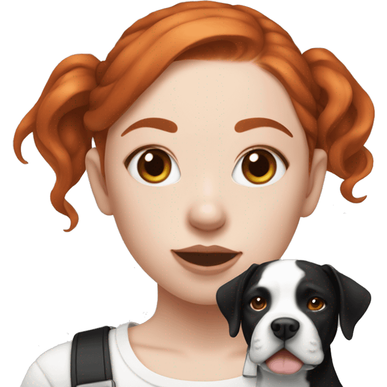 Red haired girl with septum piercing holding black and white English Staffordshire dog emoji