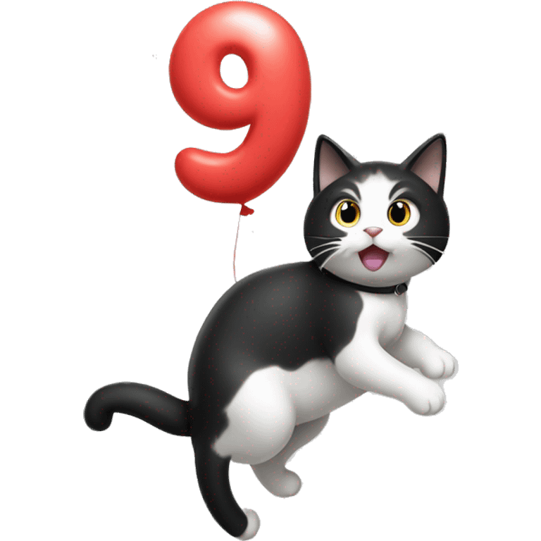 Black and white cat climbing on a balloon shaped like the number 9 emoji