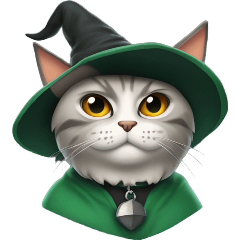 an angry cat with a witch hat in slytherin colors emoji