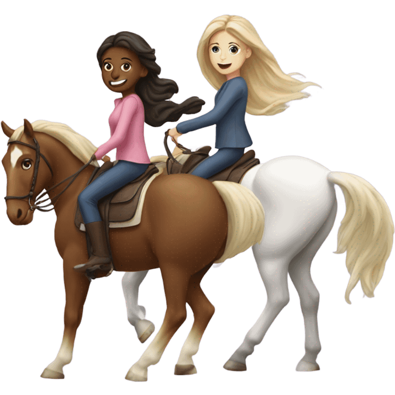 Two white girls riding two horses emoji