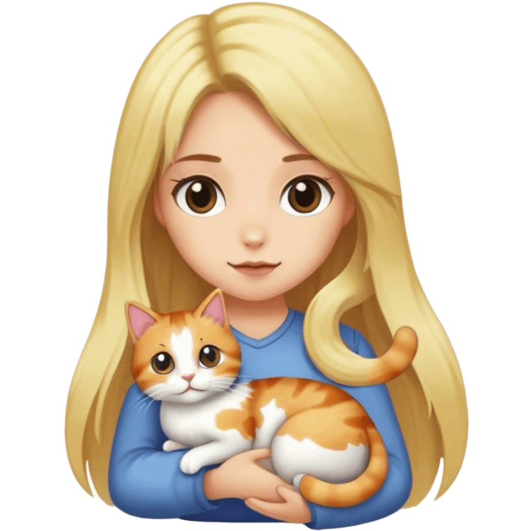 Girl with long blonde hair holding a calico cat emoji