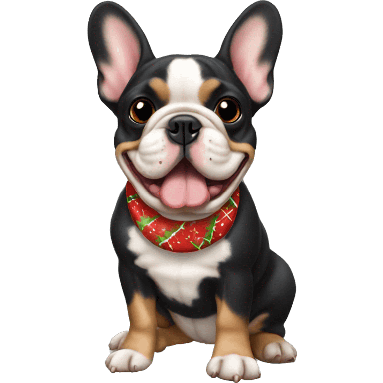 Black and tan colored French bulldog with Christmas cookie emoji