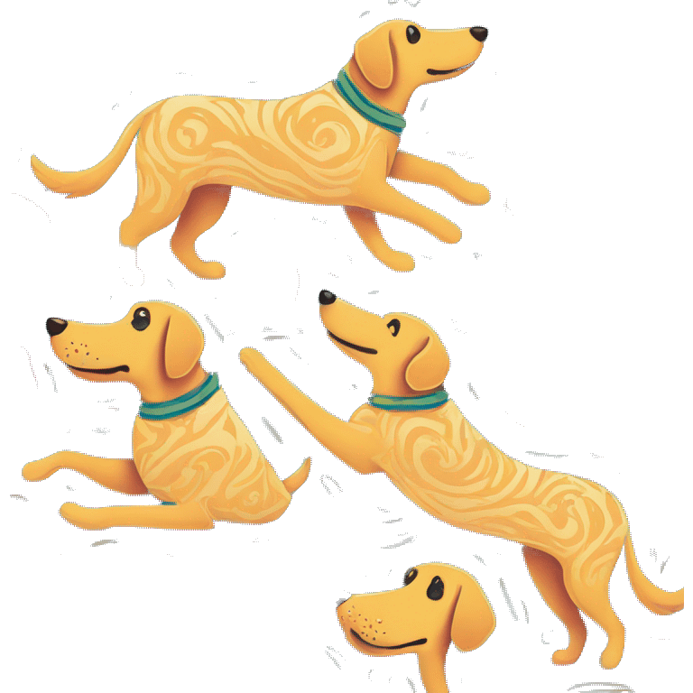 Abstract quirky funky made of different shapes dog running and squiggles linocut multicoloured illustrations  emoji