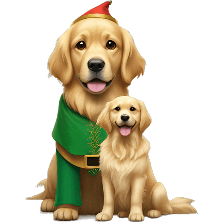 A golden retriever stands proudly Side by Side with and elf  emoji