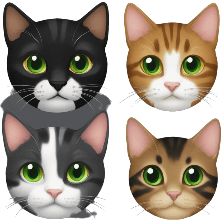 brown tabby cat with green eyes, black tuxedo cat with green eyes, dark brown kitten with orange eyes emoji