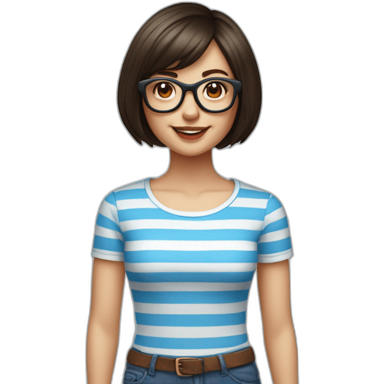 caucasian woman with retro glasses, dark brown hair, a bob haircut, bangs, braces on teeth, blue and white striped t shirt emoji