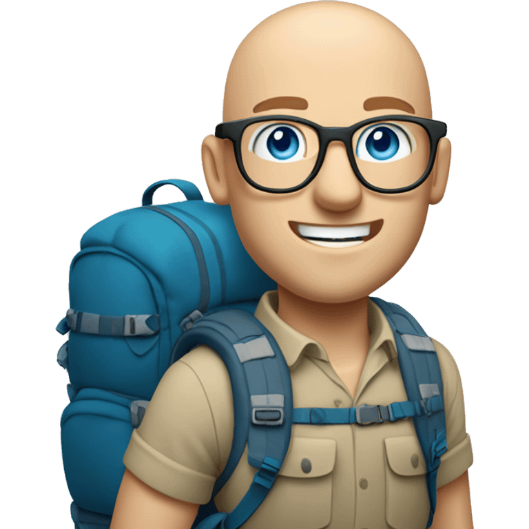 Bald man with glasses pale skin buff muscles blue eyes with a large backpacking backpack on with hiking poles emoji