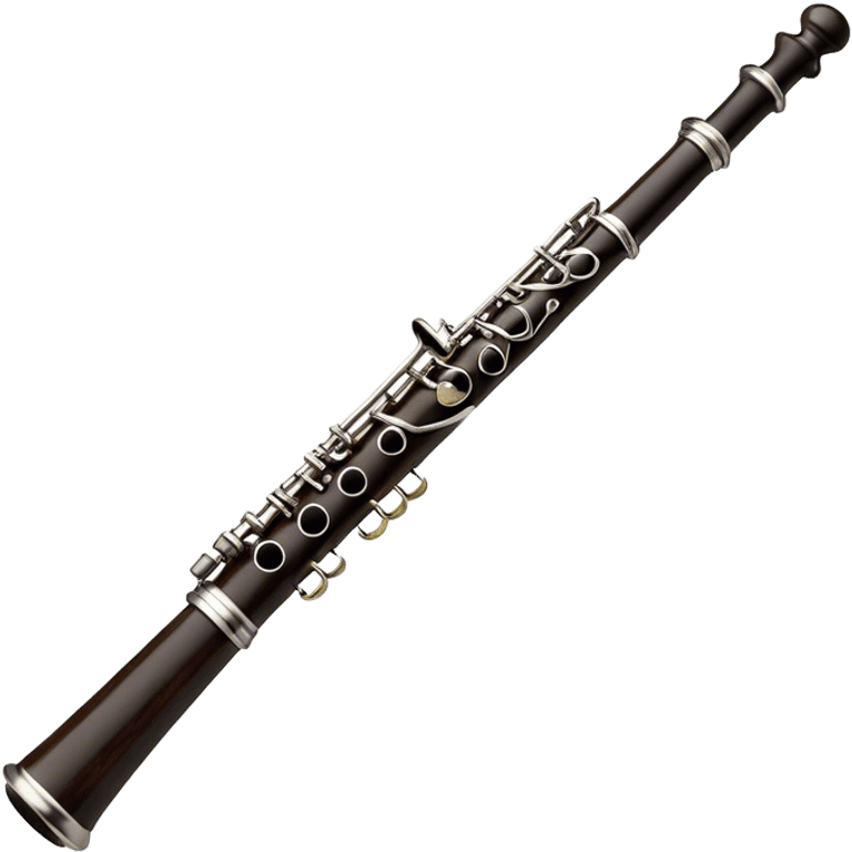 Create an elegant and detailed emoji representing a black oboe with a reed. The design should showcase the sleek, dark wood finish of the oboe, with the metal keys clearly visible. The reed should be delicately placed at the top of the instrument, emphasizing its essential role in producing sound. Add subtle details like the silver or brass accents on the keys to reflect the high-quality craftsmanship of the instrument. Use deep black, silver, and wood tones for the oboe to capture its sophisticated appearance. The background should be transparent. emoji