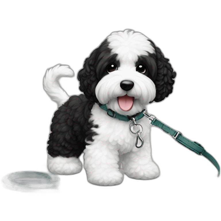 mini black and white ausssiedoodle on a leash emoji