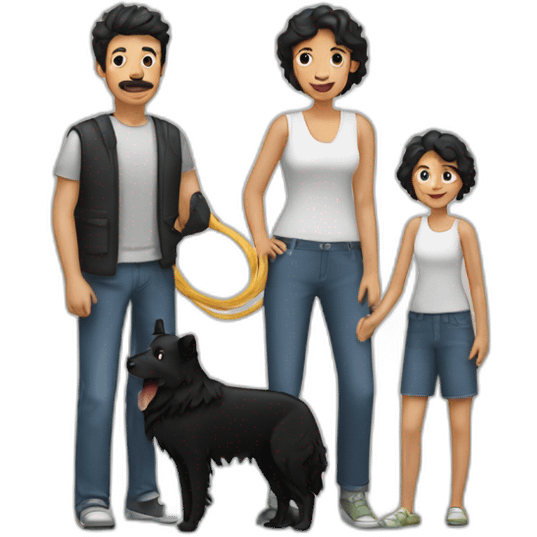 Family with a man a woman with long black hay ana a small black border collie emoji