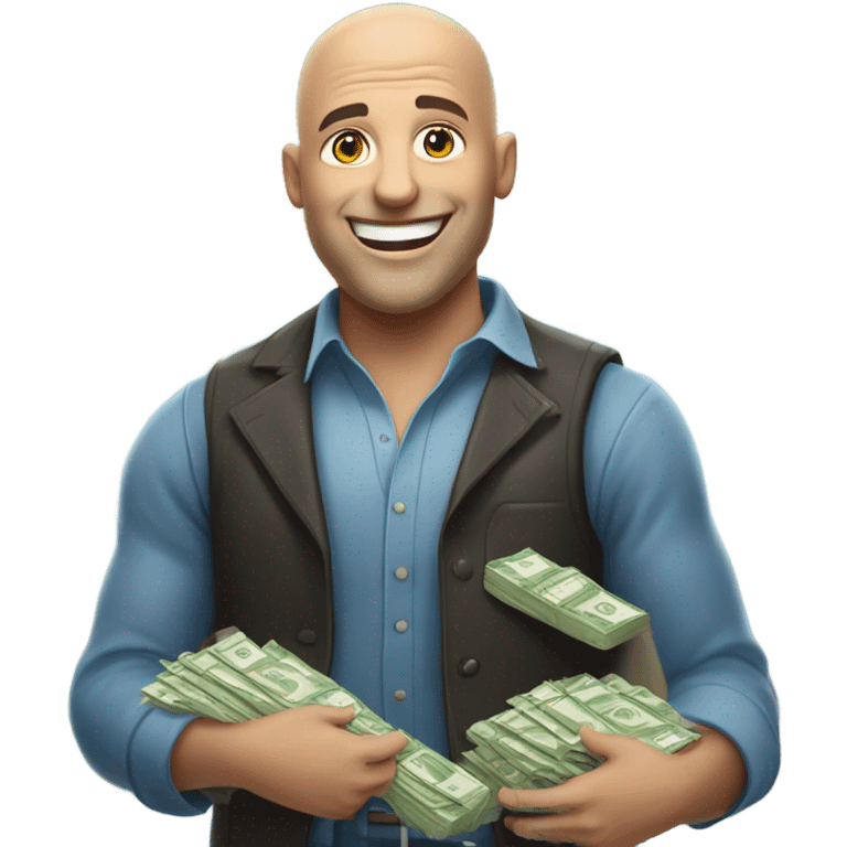 Handsome bald man winning a pile of money playing blackjack emoji