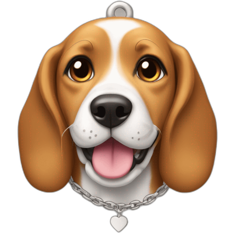 Smiling beagle with Sandy name on a heart shaped dog tag emoji