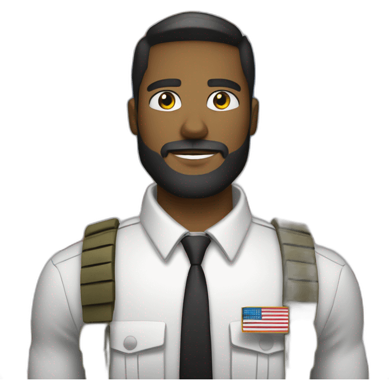 soldier with a beard, a part in hair, a white collared shirt, a bow tie, bulletproof vest with an american flag emoji