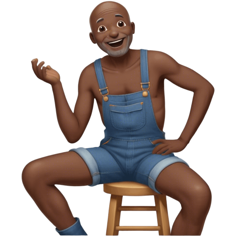 Side view Laughing telling story Old bald blind black man sitting on stool wearing overalls no shirt emoji