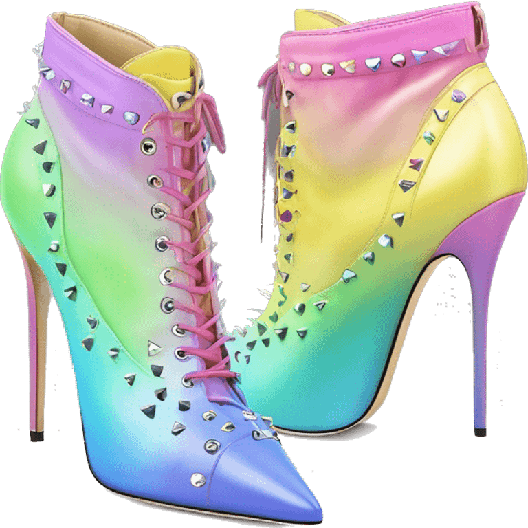 Realistic isolated top view of a pair of pastel rainbow spikey jimmy Choo stiletto high heel ankle bootie boots.  emoji