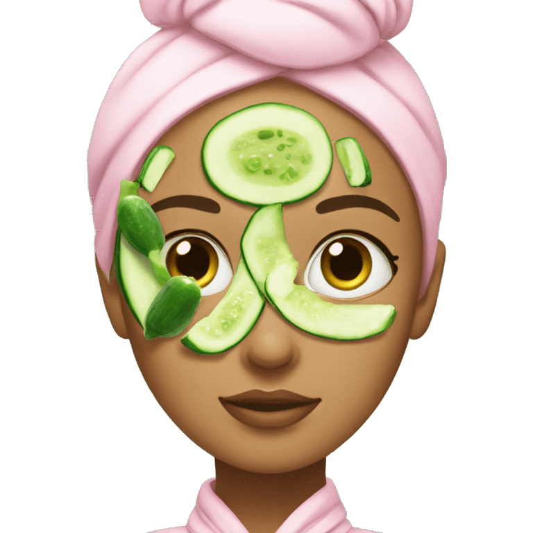 Girl with a bun and a pink robe with a green skincare mask on and cucumbers on her eyes emoji