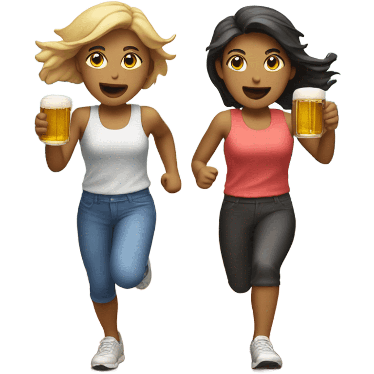 2 girls racing with sneakers on while holding beer in their hands  emoji