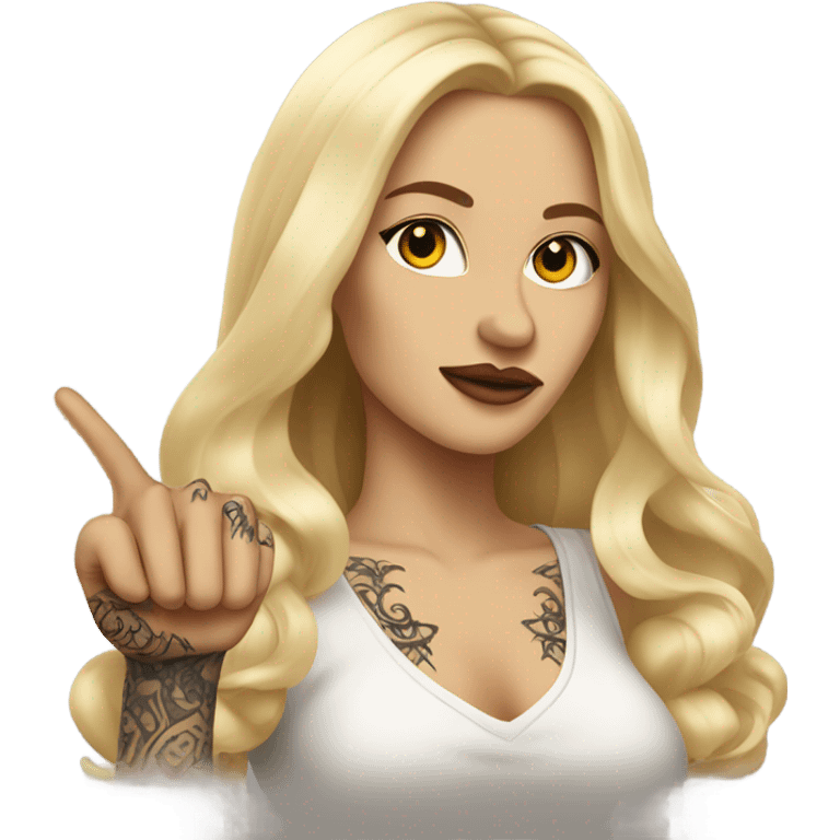 Blonde elegant women with LONG HAIR, her Body Covered with Tattoos, POINTING YOU FORWARD with her HAND with INDEX FINGER, Hyper Realistic emoji