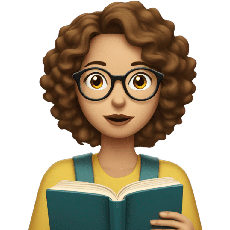 Girl with brown wavy hair, wears glasses and reads a book with question mark bubble on her head emoji