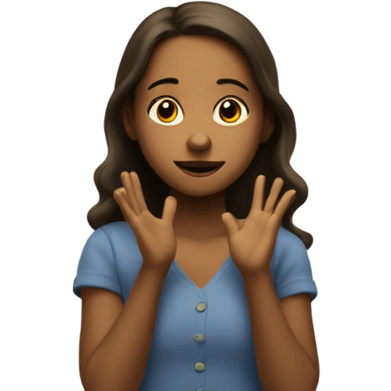 young girl with hands extended outward, surrounded by floating question marks emoji