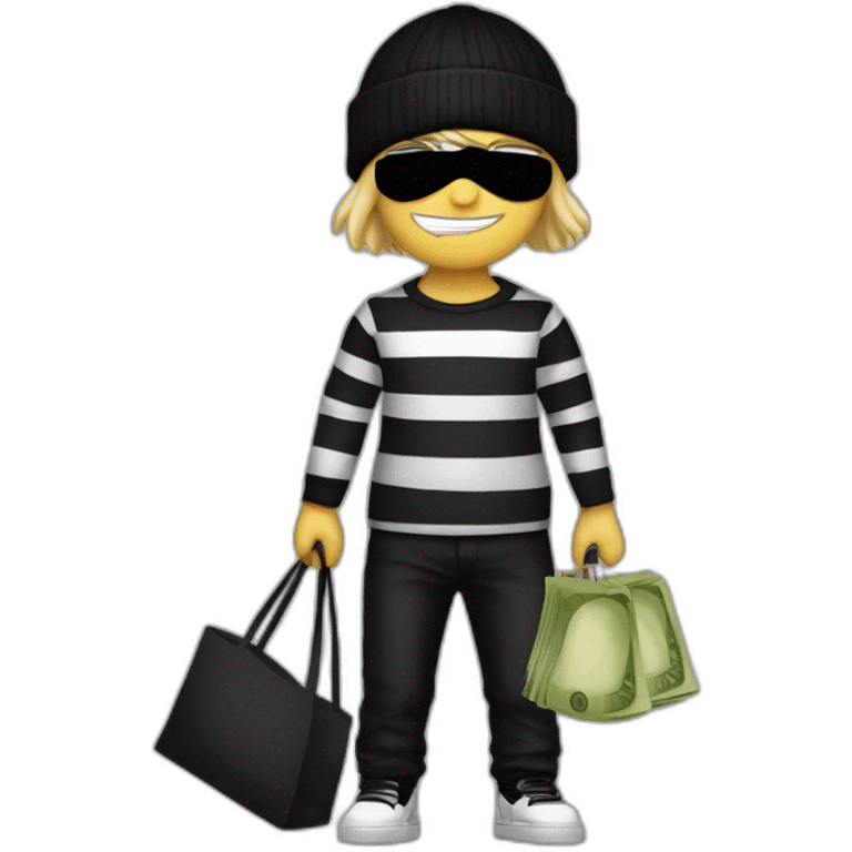 robber with blonde hair wearing a black beanie and a long sleeved white and black horizontally striped t-shirt and wearing black eye mask and holding a bag of money in their left shoulder emoji