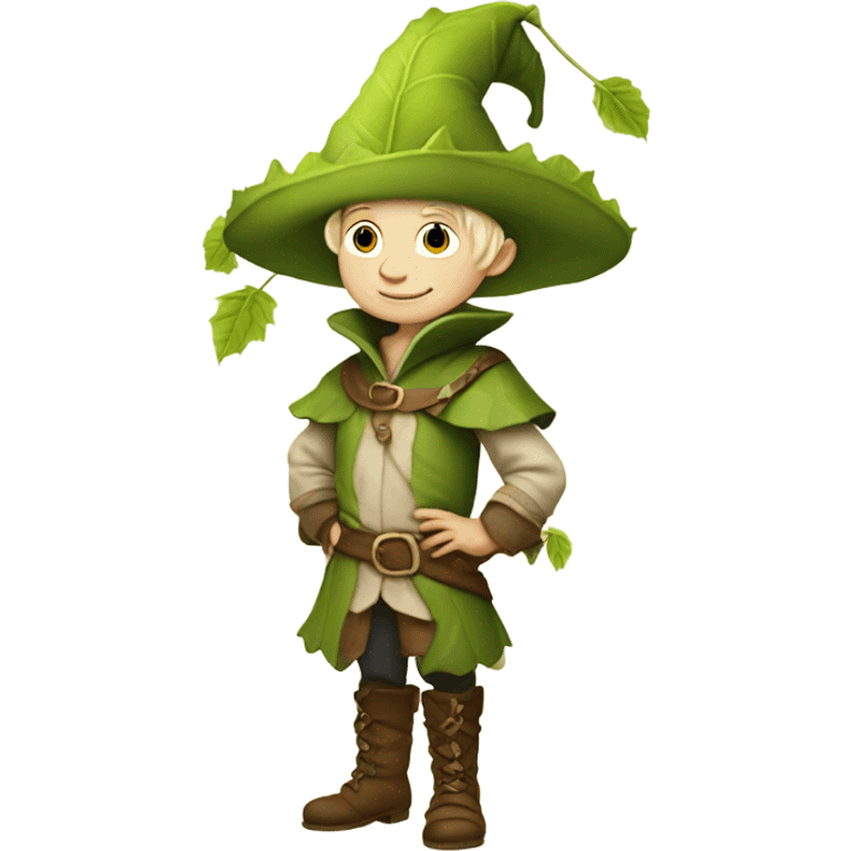 whimsical fairytale medieval pale boy who is tiny and wearing a giant leaf hat and big boots emoji