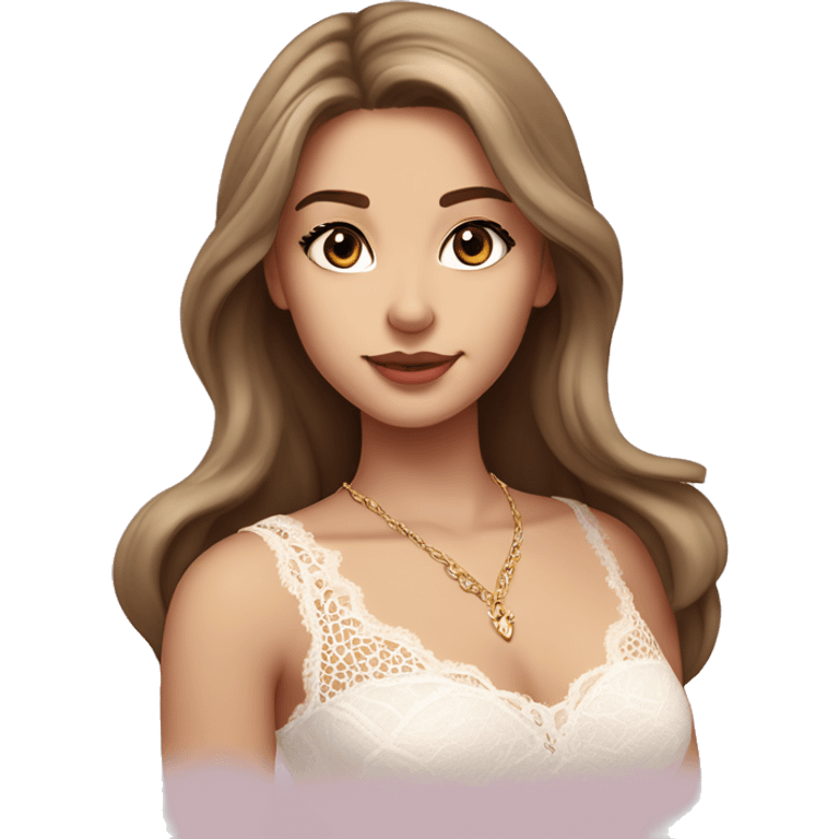 fair-skinned girl with dark brown, slim shaped eyes and long lashes. long, light brown hair styled in a wavy blowout. wearing a delicate white lace tank top and a dainty gold necklace, plump light pink lips. emoji