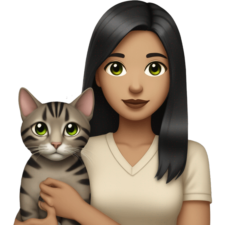 Girl with light skin, brown eyes, shoulder length straight black hair, wears a beige bluse outfit, with a silver bengal cat with Green eyes, holding in her arms emoji