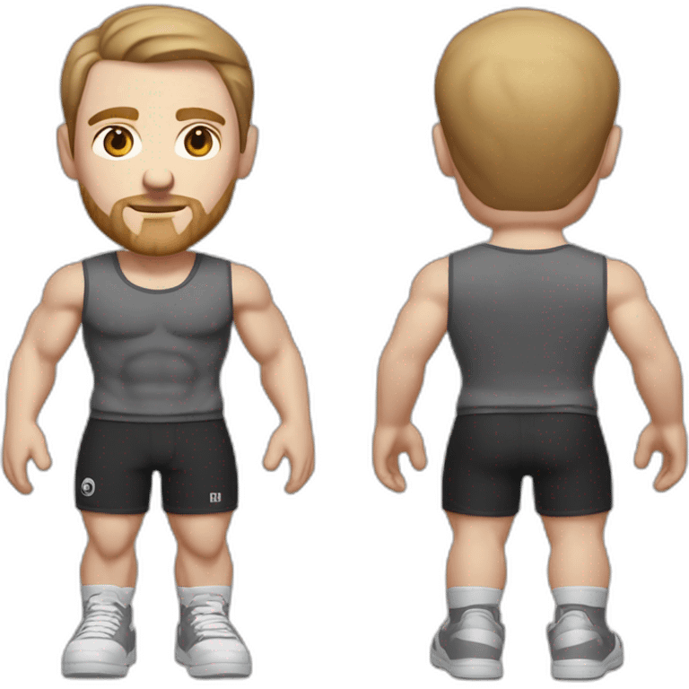 Full height Pale skinned muscular man With Realistic eyes and mouth, light brown hair and stubble In dark gray sleeveless mike, black oversize sports shorts, watch and white sneakers. emoji