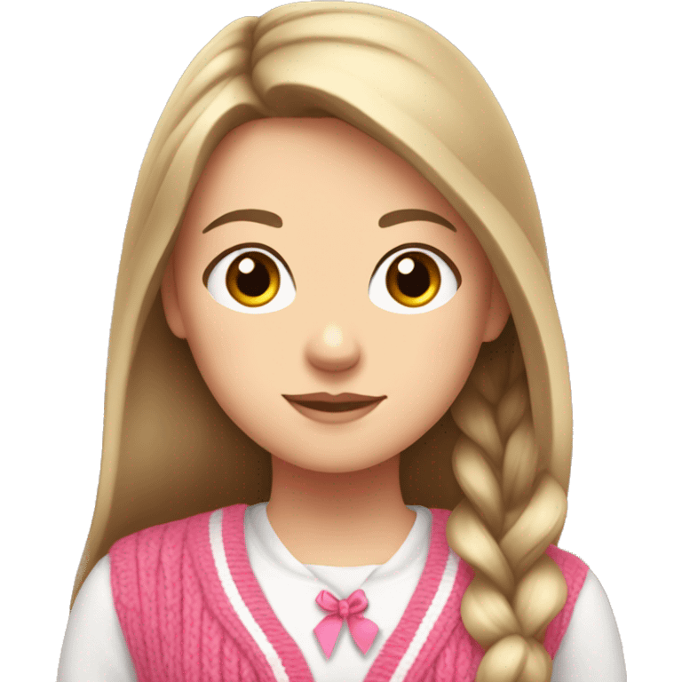 white girl, cardigan white, long straight brown hair, pink ribbon in cardigan  emoji