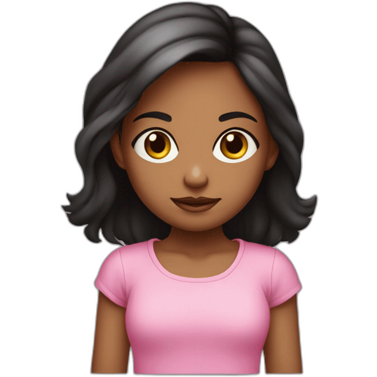 niña con pelo largo liso negro con ojos marrones con camiseta rosa emoji