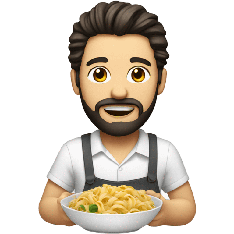 A light-skinned  man with dark straight hair and a beard eating pasta With a white shirt emoji