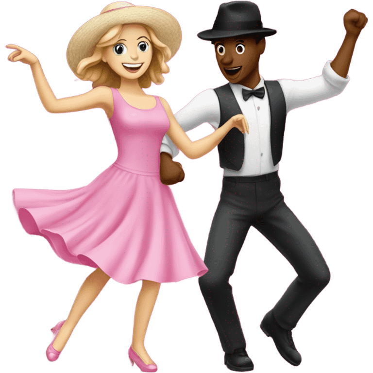 A white girl dancing in a pink dress with a white guy dancing in a pink hat emoji