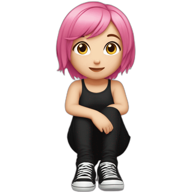 full body Front view curvy emo girl pink hair sits on the floor straight view hands up черная юбка белые трусики рваные полосатые чулки emoji