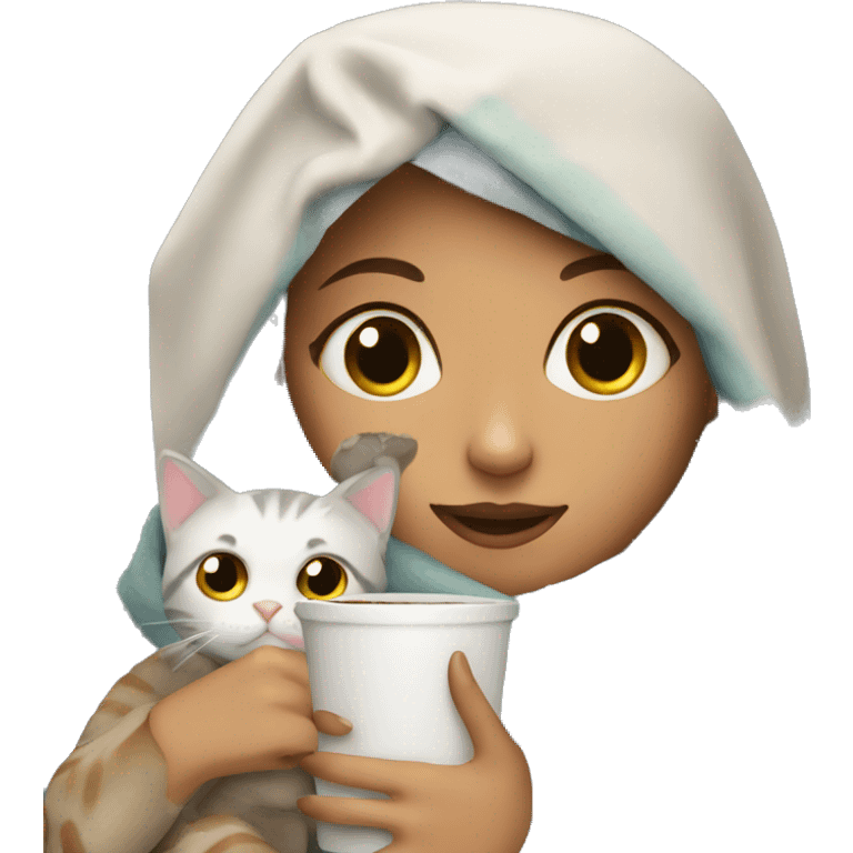 Girl with her cat and a blanket drinking coffee emoji