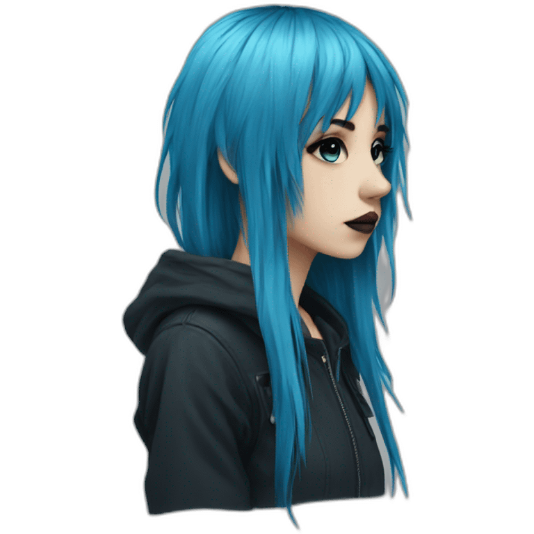 Side profile sad emo girl, black makeup, long choppy blue hair side bangs emoji