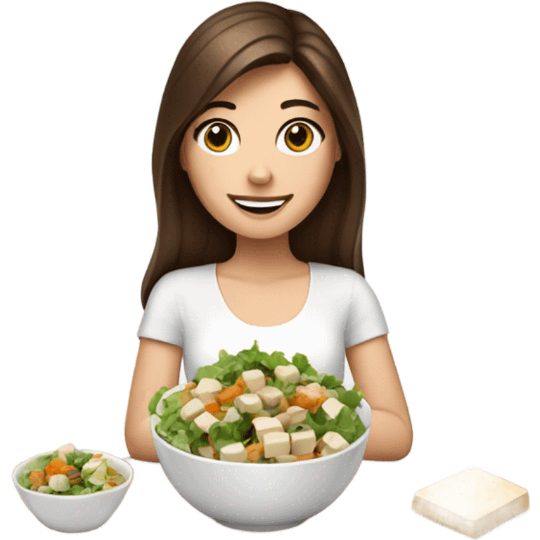 White girl Brown hair eating Tofu salad emoji