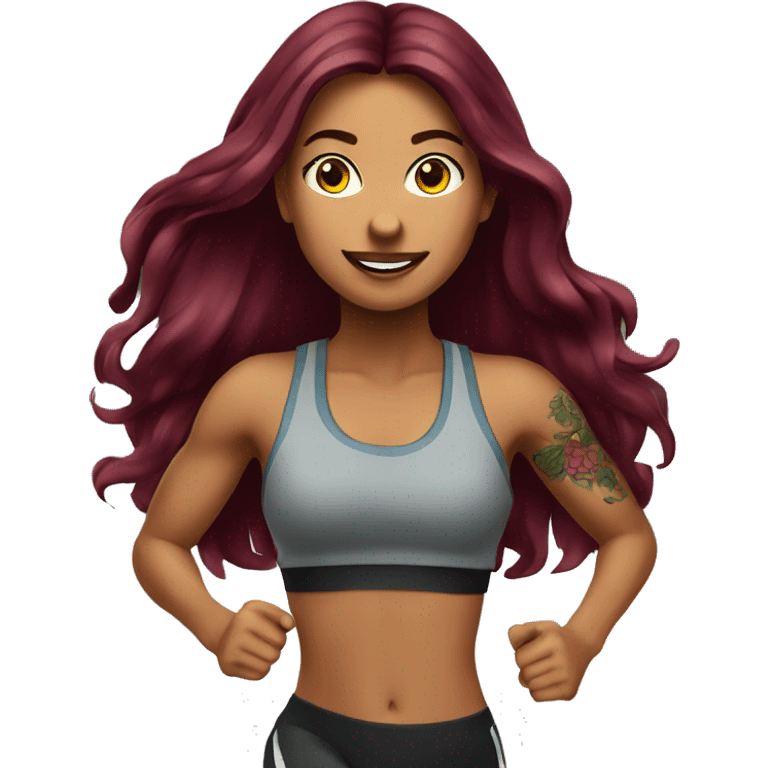 Beautiful tattooed  burgundy long haired woman jogging emoji