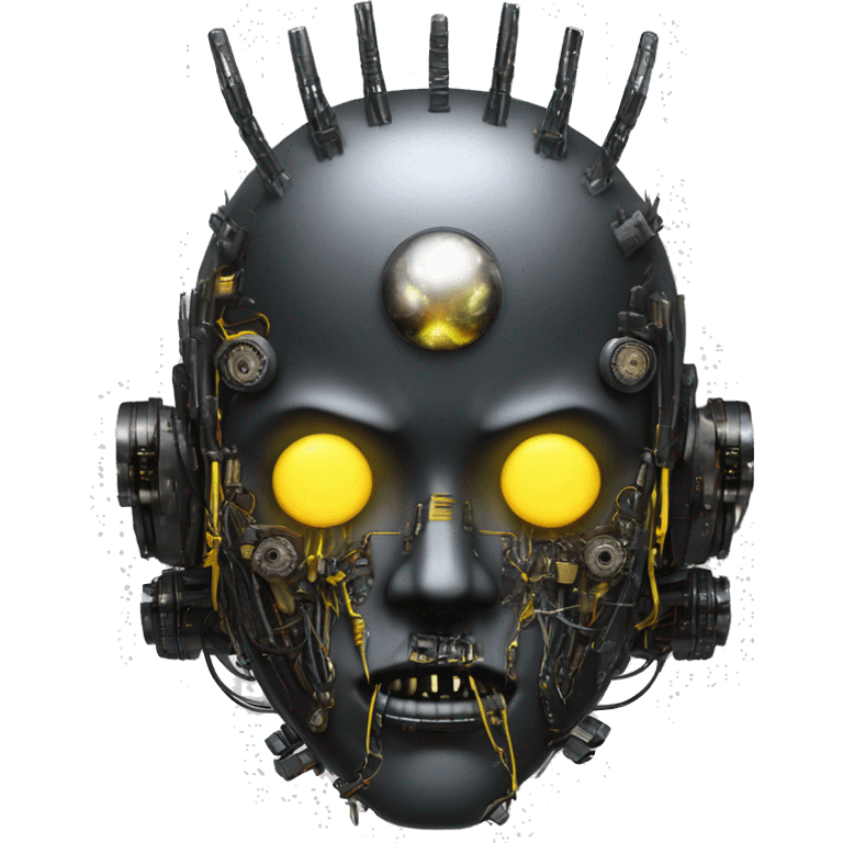 black metal cyborg head with circuitry, one artificial eyeball, and yellow Mohawk goatee emoji