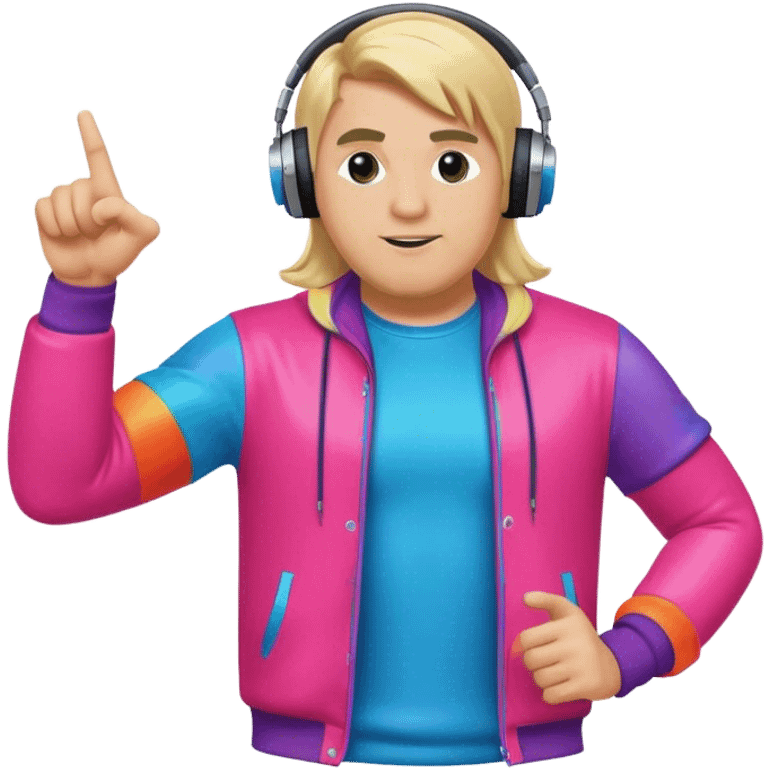 blond big man in colorful dj outfit pointing to one side emoji