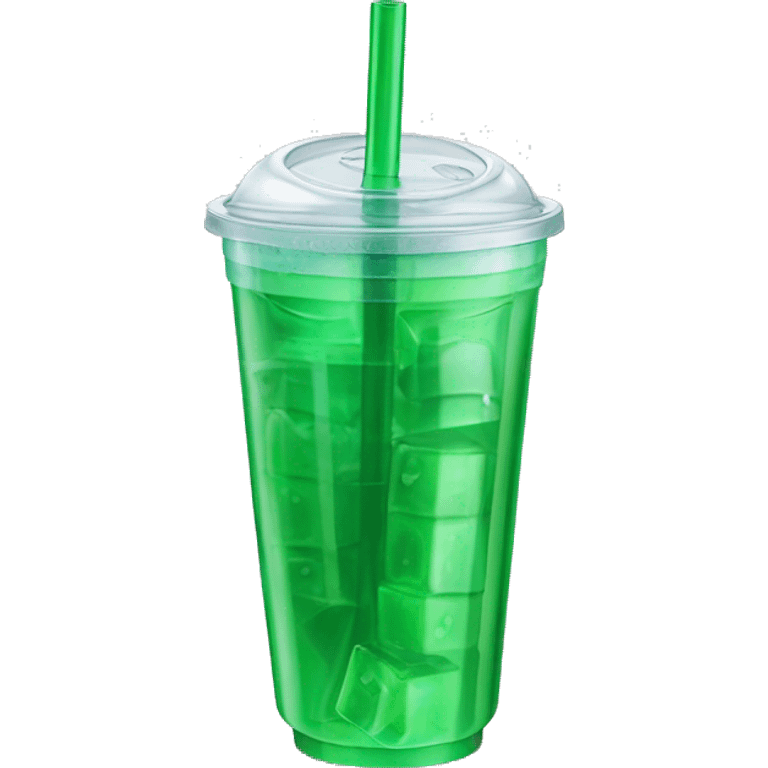 Realistic plastic cup and lid with Transluscent green soda and large ice cubes inside and one straw through the top of the lid. emoji