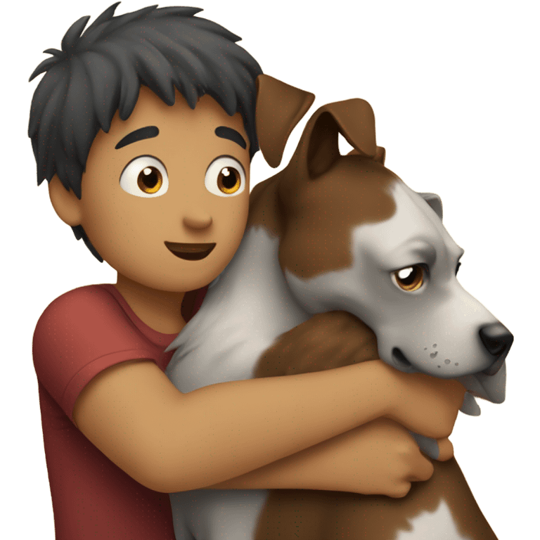 a boy hugs a dog emoji