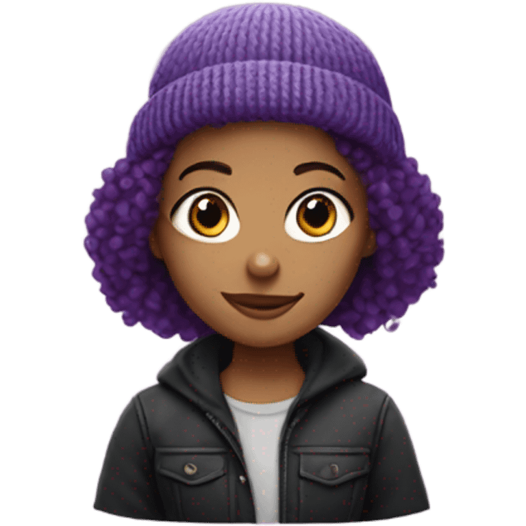 Girl with purple curly hair wearing a black beanie emoji