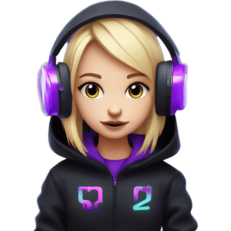 Russian cute blond girl wearing black hoody with violet letters "OMG", in vr headset. Cyberpunk style. Violet neon. emoji