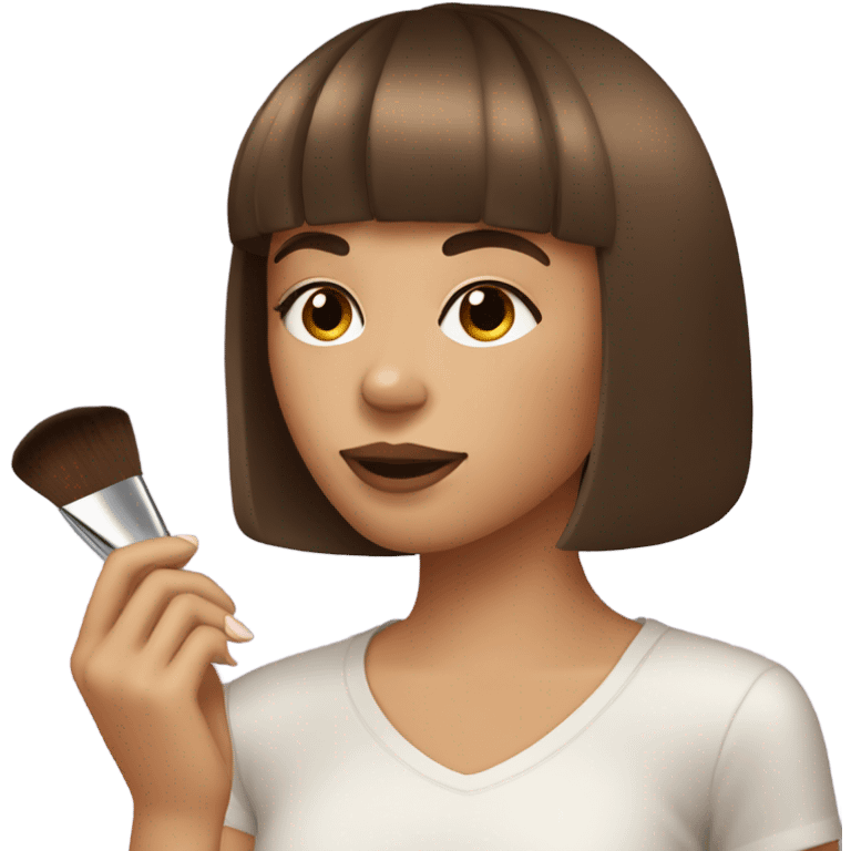 A girl with brown hair with bangs at the side of her face doing makeup emoji